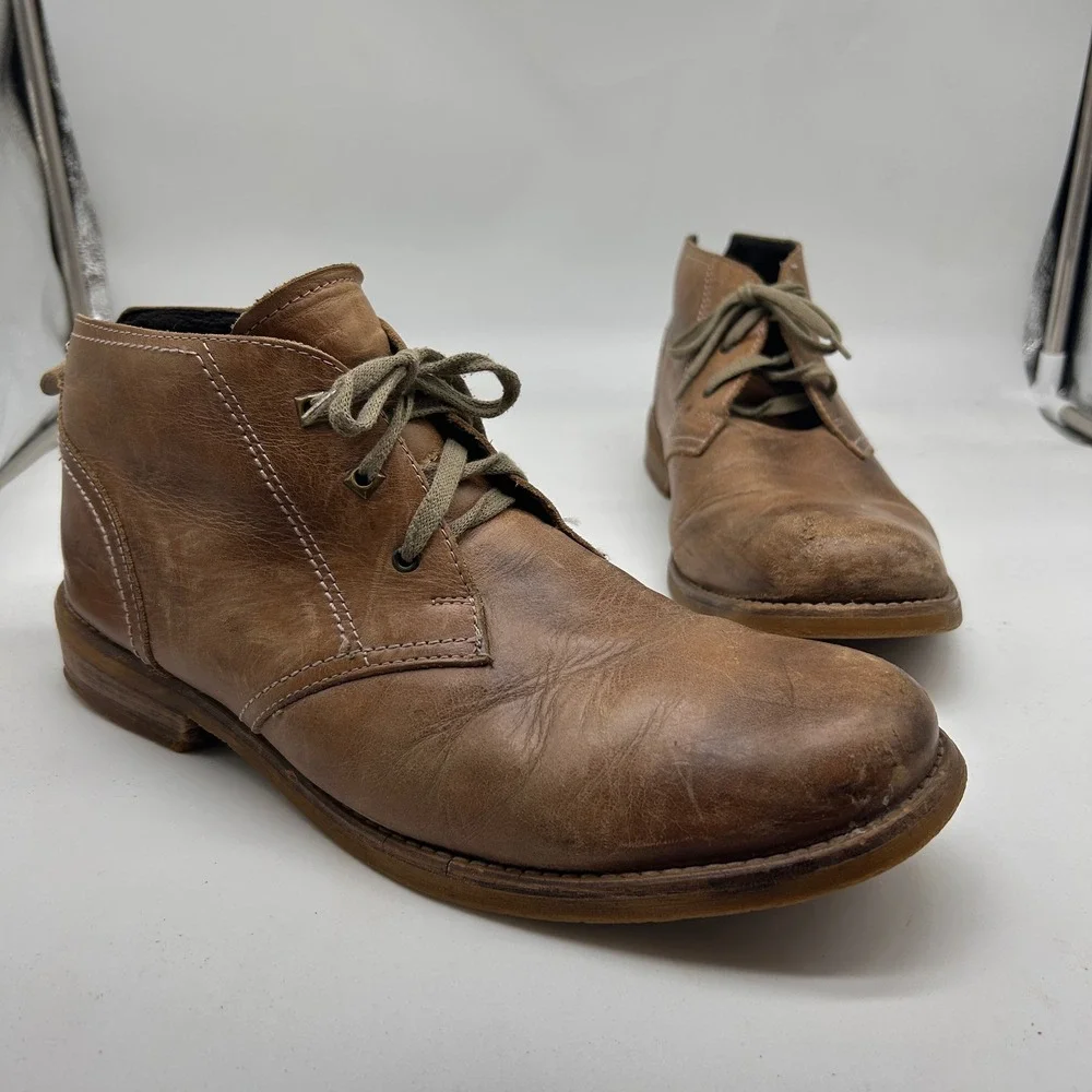 Bed Stu Mens Tan Distressed Leather Chukka Boots Lace Up Round Toe Size 11.5